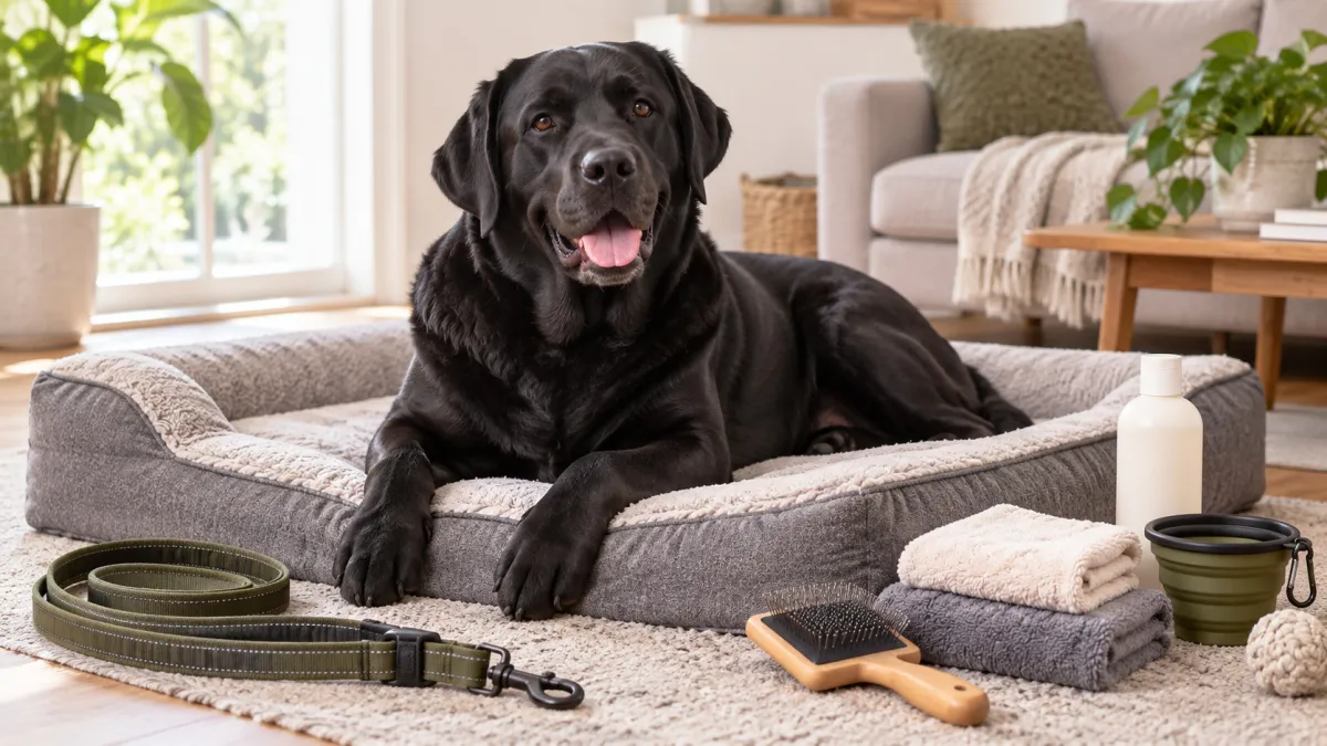 Velký černý labrador v prostorném pelíšku s vodítkem, kartáčem a cestovní miskou