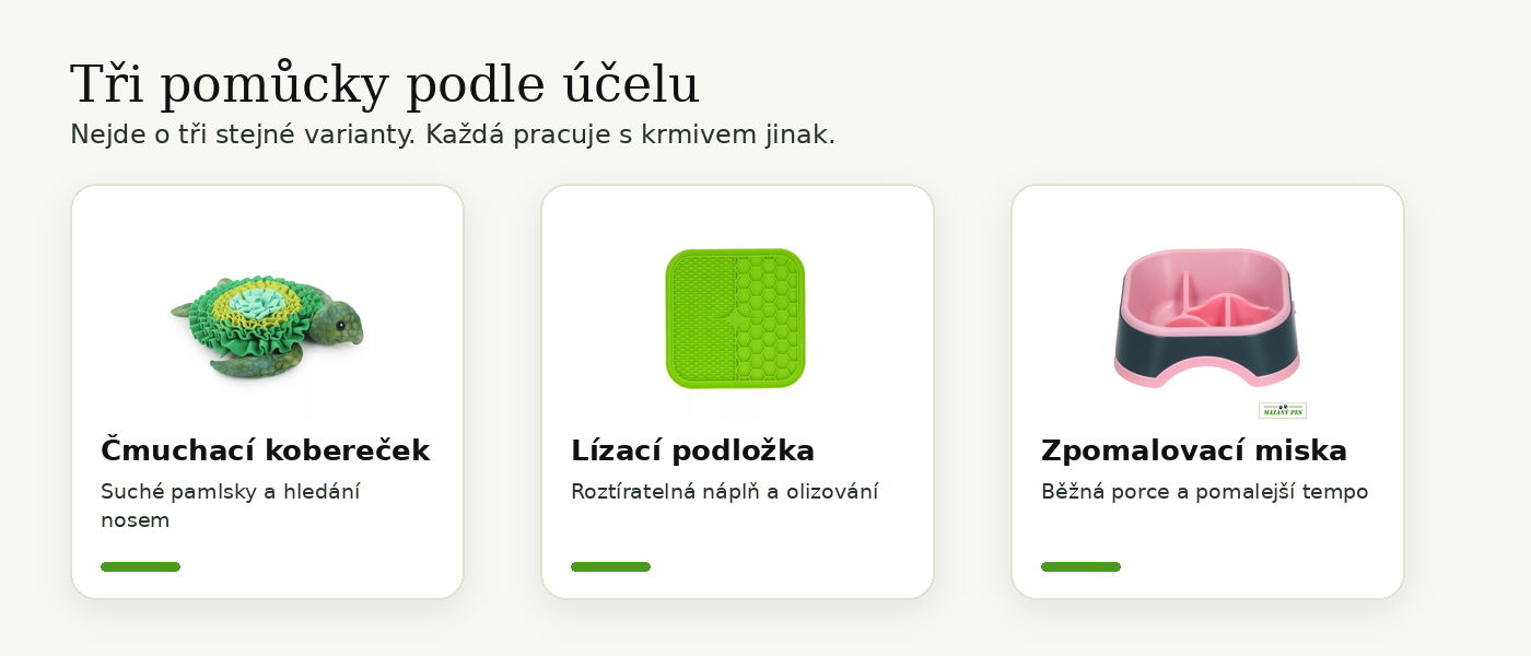 Srovnání čmuchacího koberečku, lízací podložky a zpomalovací misky pro psa
